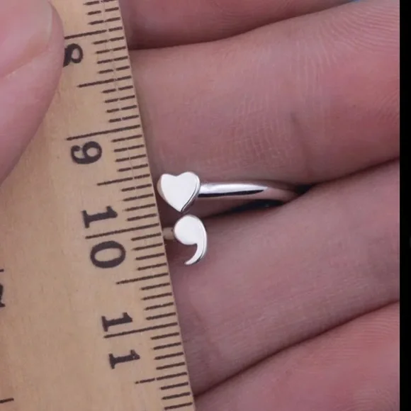925 Shimmering Sterling Silver Adjustable Semicolon Ring; Your Story Isn't Over - Picture 5 of 13